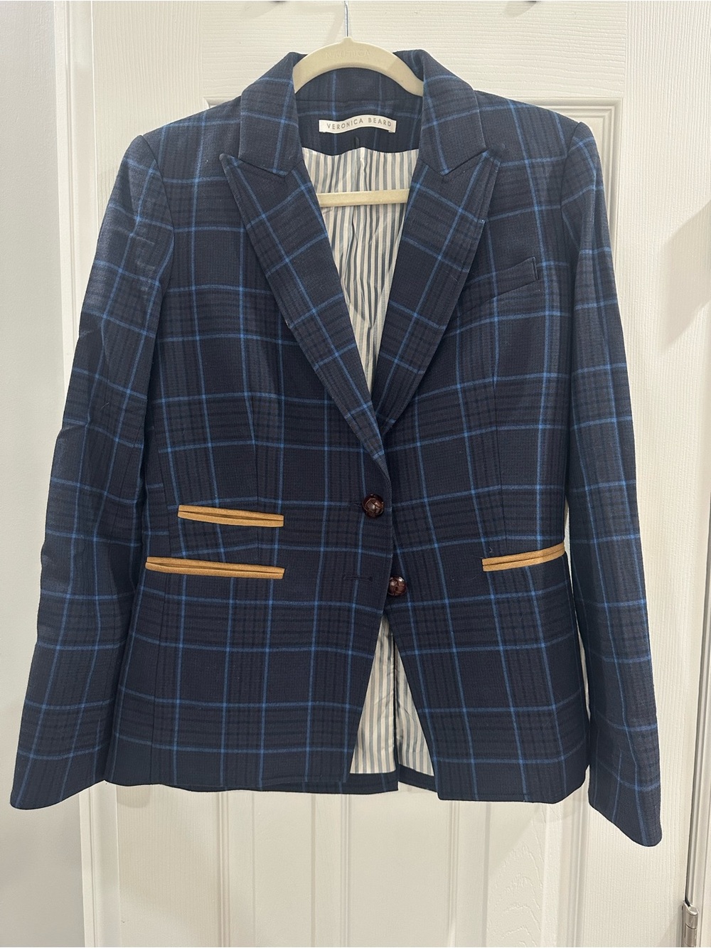 Veronica Beard Navy Plaid Blazer with Tan Elbow Patches